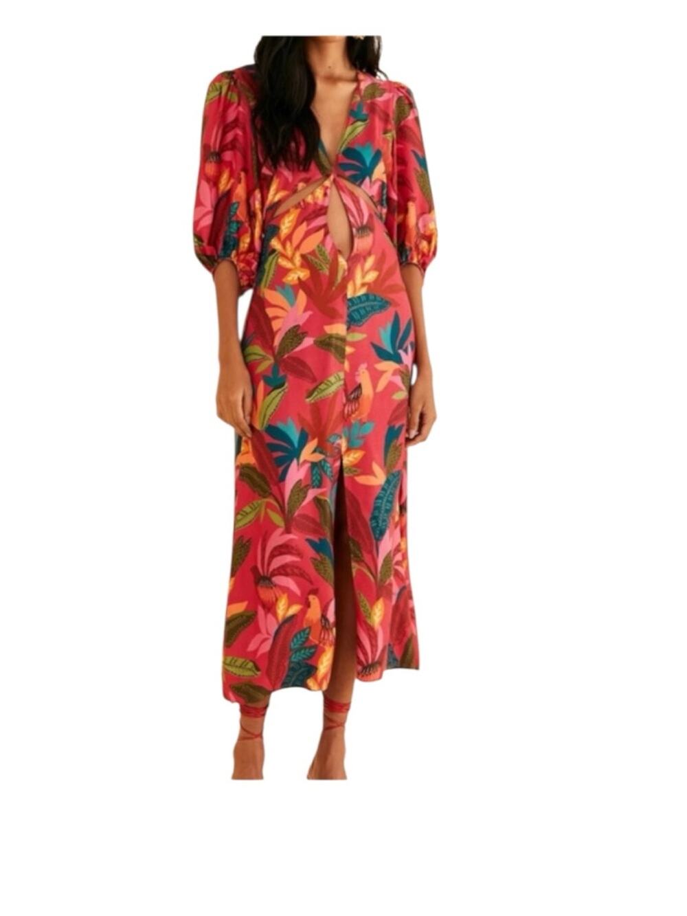 Farm Rio size medium new red rooster leaves Tropical Cutout Midi Dress party
